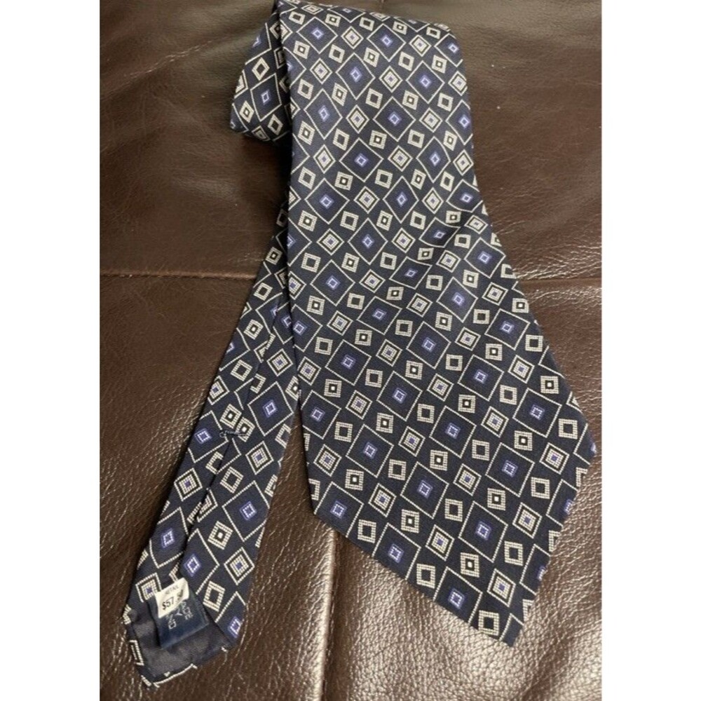 VTG Polo Ralph Lauren Silk Tie Navy Blue White Diamond Geometric USA Hand Made